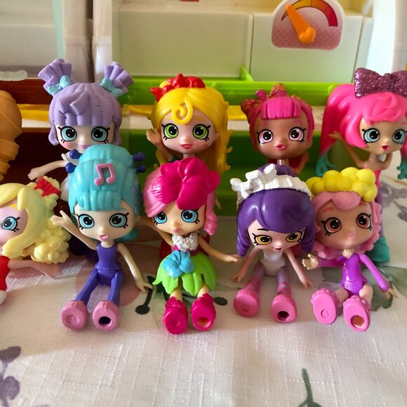 RARE Lot 12 Shopkins Shoppies Minis Dolls 2 Glitter Bows+Bakery Fruit Veg Stands - Picture 4 of 5